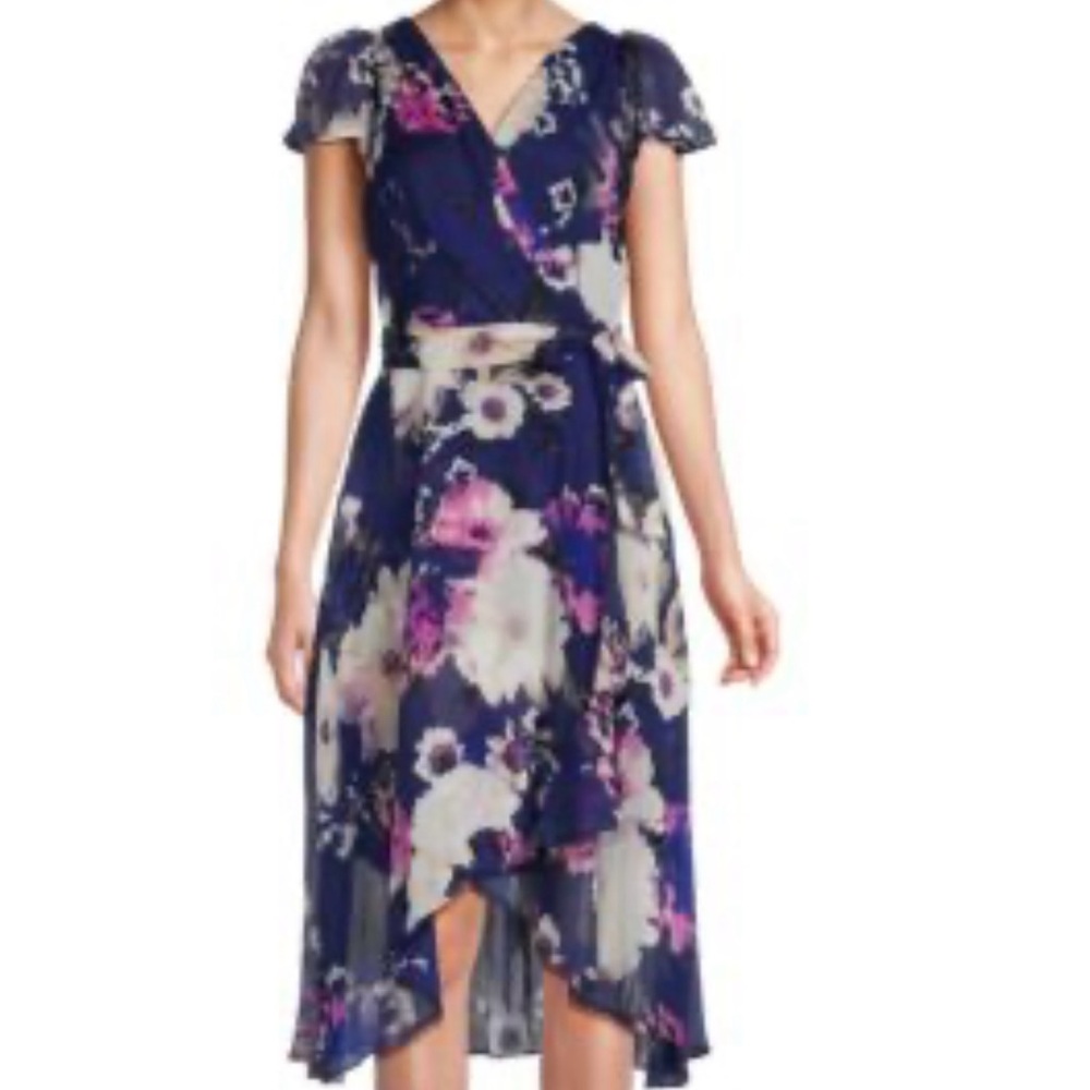 DKNY Asymmetrical Blue and Purple V-neck Sundress with Flutter Sleeves, Size 18